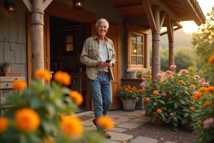 Hôte souriant accueillant un invité devant une maison de campagne