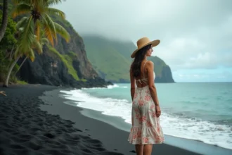 Femme en robe fleurie sur une plage de sable noir de La Réunion avec falaises volcaniques et océan turquoise en arrière-plan