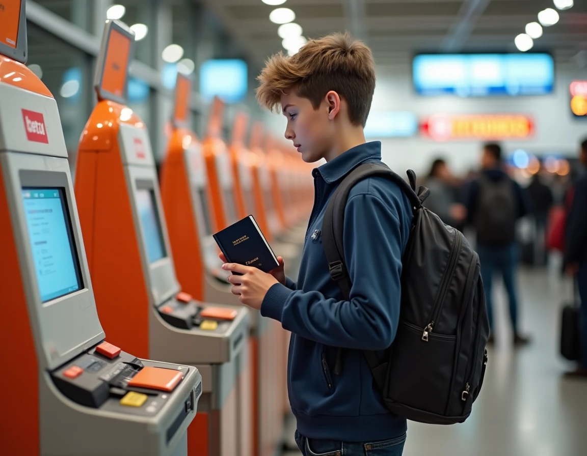 Adolescent de 16 ans utilisant seul une borne d'enregistrement en libre-service dans un aéroport low cost avec son passeport