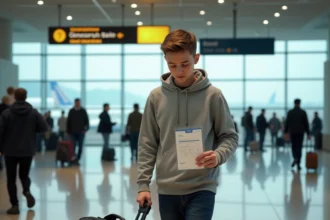 Adolescent de 16 ans voyageant seul dans un aéroport avec une valise cabine et une carte d'embarquement à la main