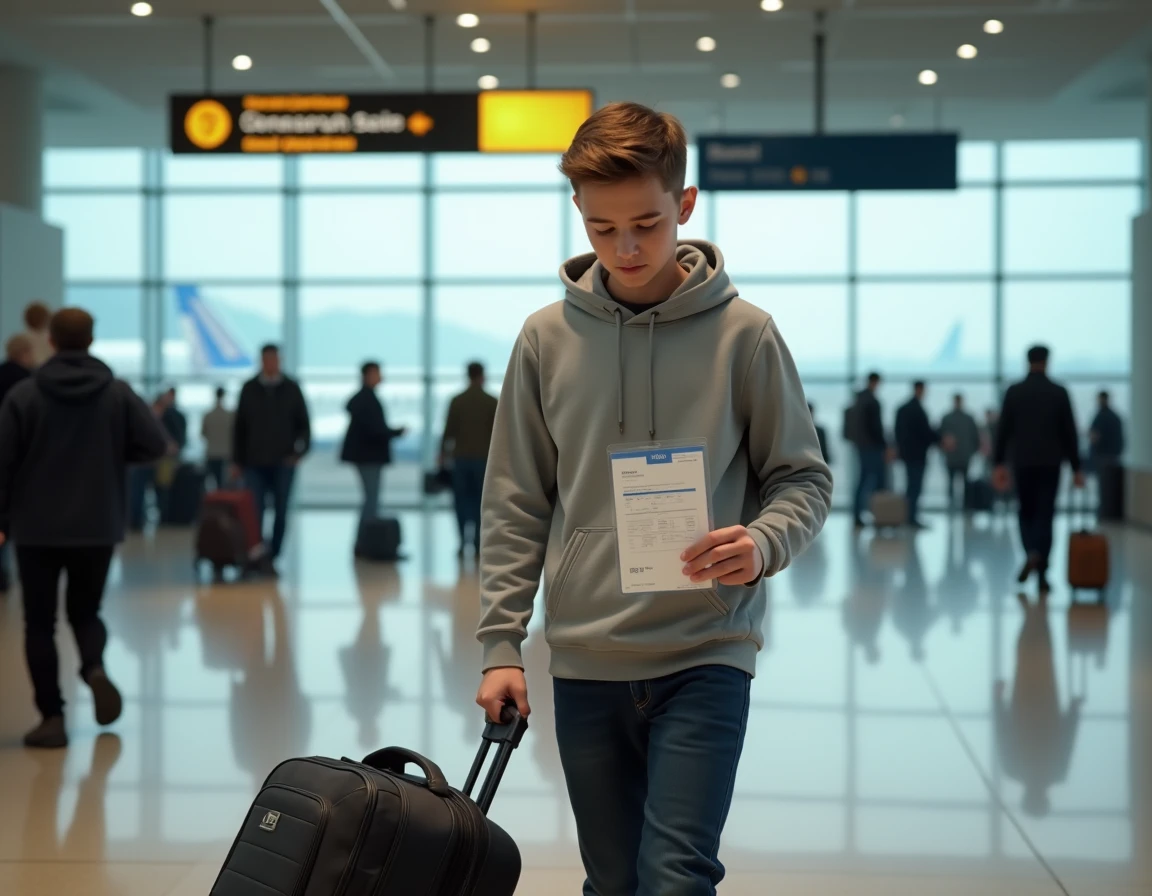 Adolescent de 16 ans voyageant seul dans un aéroport avec une valise cabine et une carte d'embarquement à la main