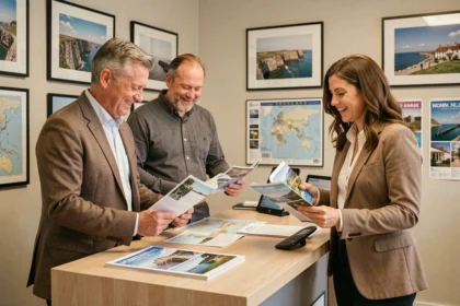 Un couple consulte une agence de voyages en Normandie avec une conseillère entourée de brochures et de photos de destinations normandes