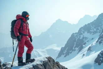 Alpiniste en combinaison rouge sur une arête enneigée de l'Himalaya avec panorama de sommets en arrière-plan