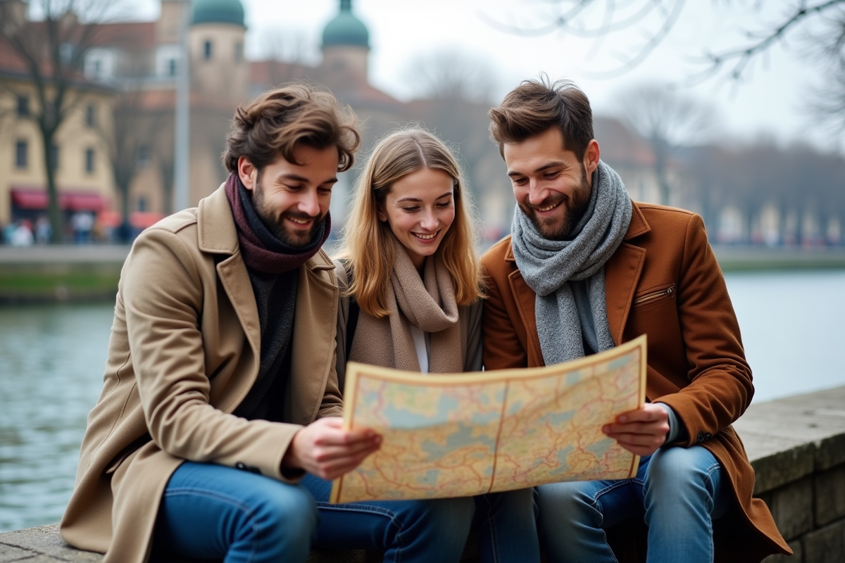 Trois amis regardant une carte sur une promenade européenne