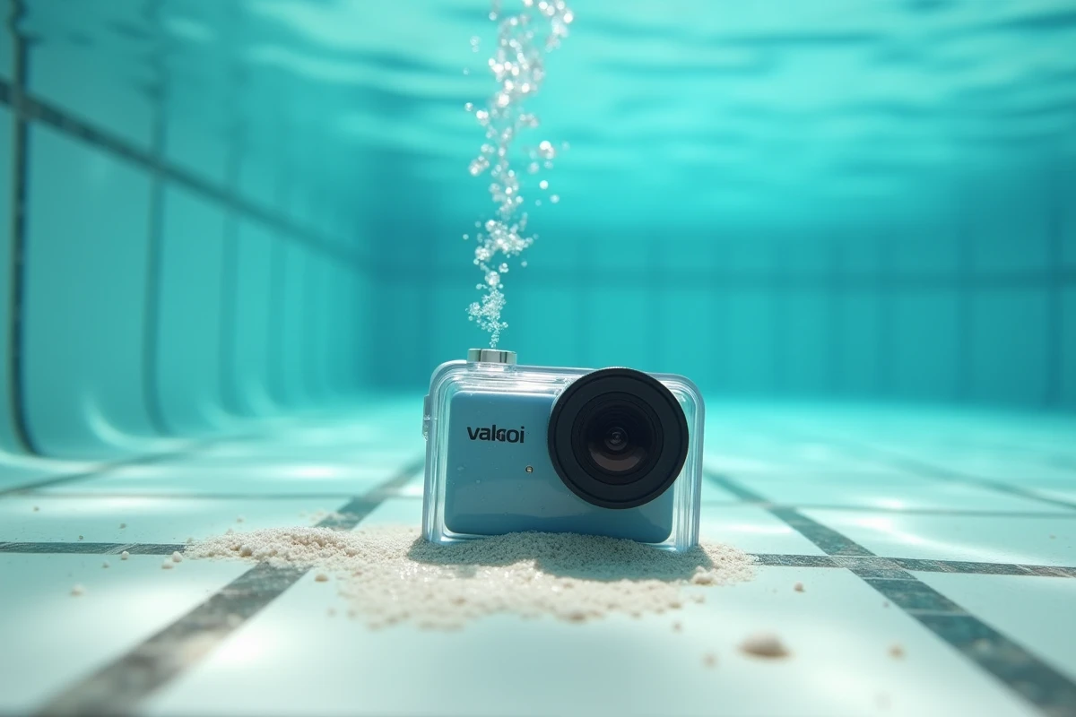 Appareil photo sous-marin bon marché posé au fond d'une piscine avec reflets de l'eau