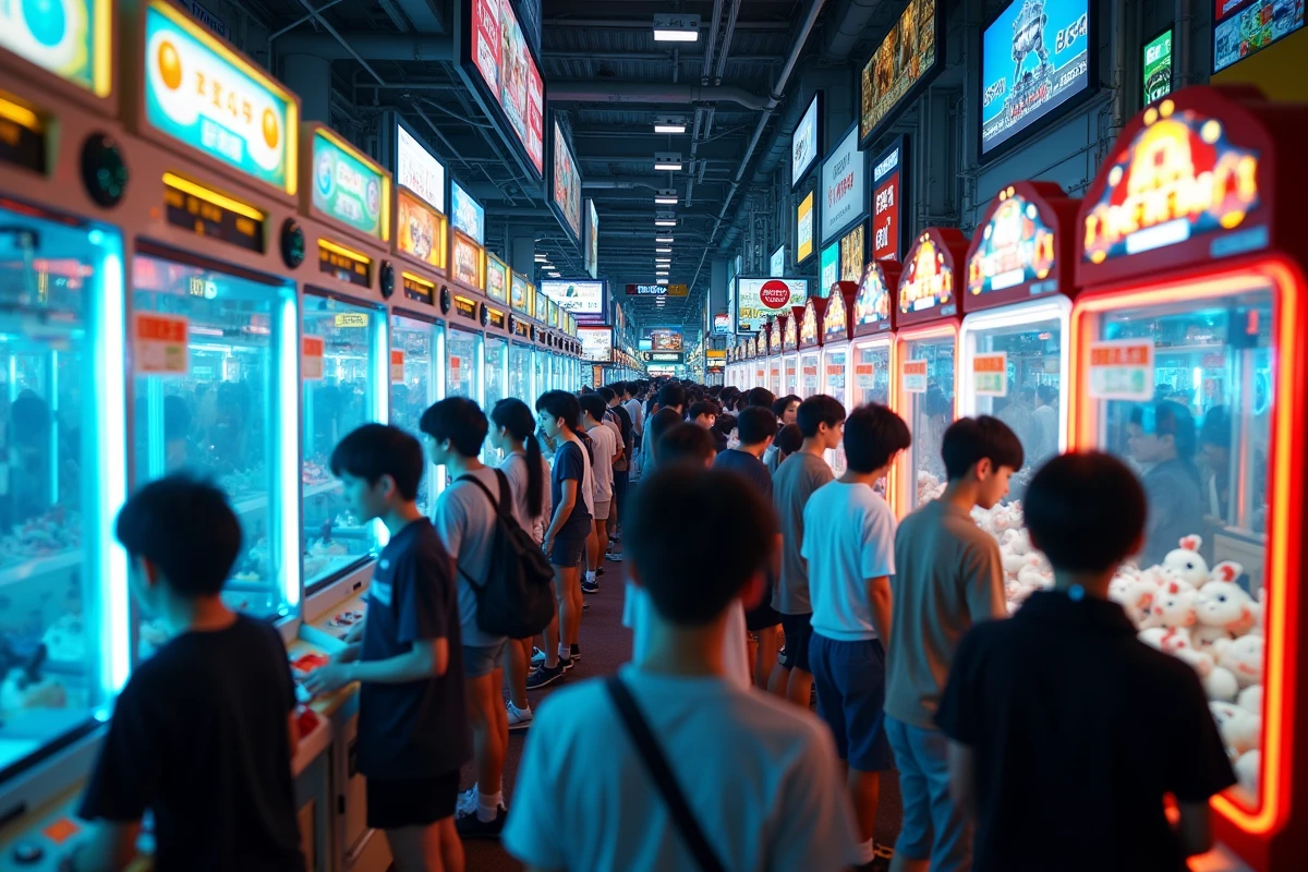 Une arcade de jeux vidéo d'Akihabara à Tokyo en soirée, avec des rangées de machines colorées, des jeux de rythme illuminés et une foule de jeunes joueurs absorbés dans leurs parties.