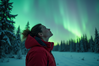 Femme regardant les aurores boréales dans la neige