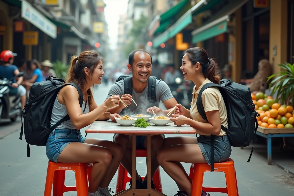 Groupe de backpackers mangeant une pho dans une échoppe de rue à Ho Chi Minh-Ville