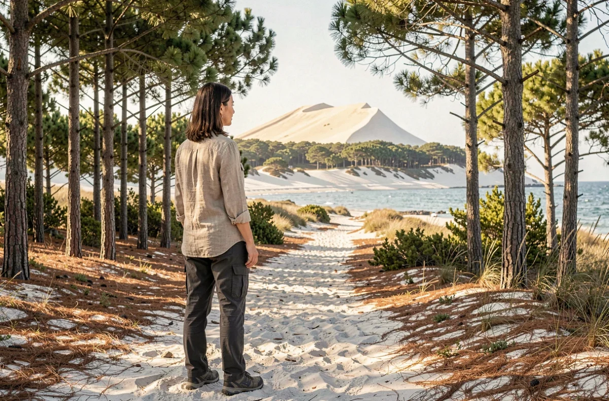 Randonneuse sur un sentier de pins près d'Arcachon avec la Dune du Pilat visible à l'horizon