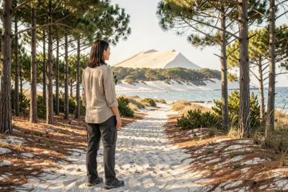 Randonneuse sur un sentier de pins près d'Arcachon avec la Dune du Pilat visible à l'horizon