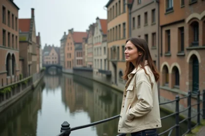 Femme se promenant le long d'un canal à Gand avec des maisons de guilde médiévales en arrière-plan