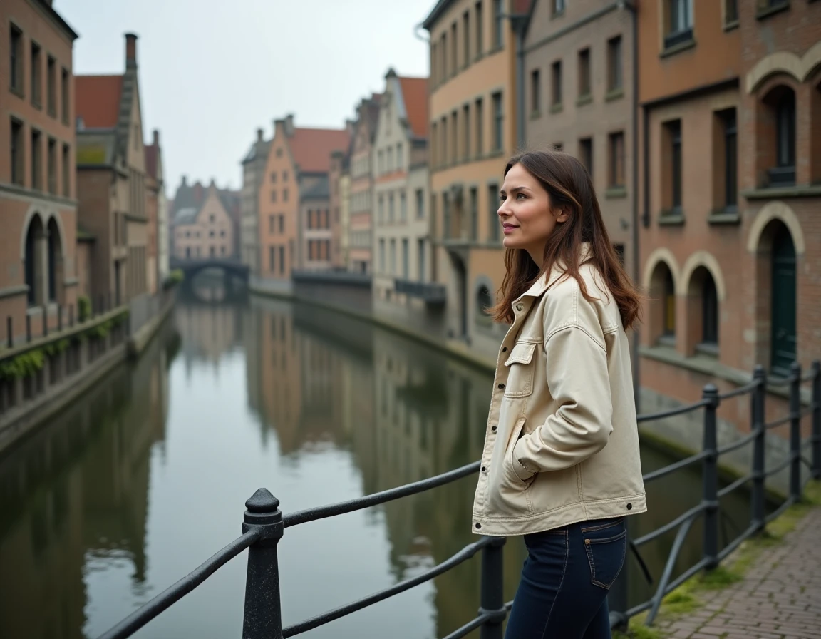 Femme se promenant le long d'un canal à Gand avec des maisons de guilde médiévales en arrière-plan