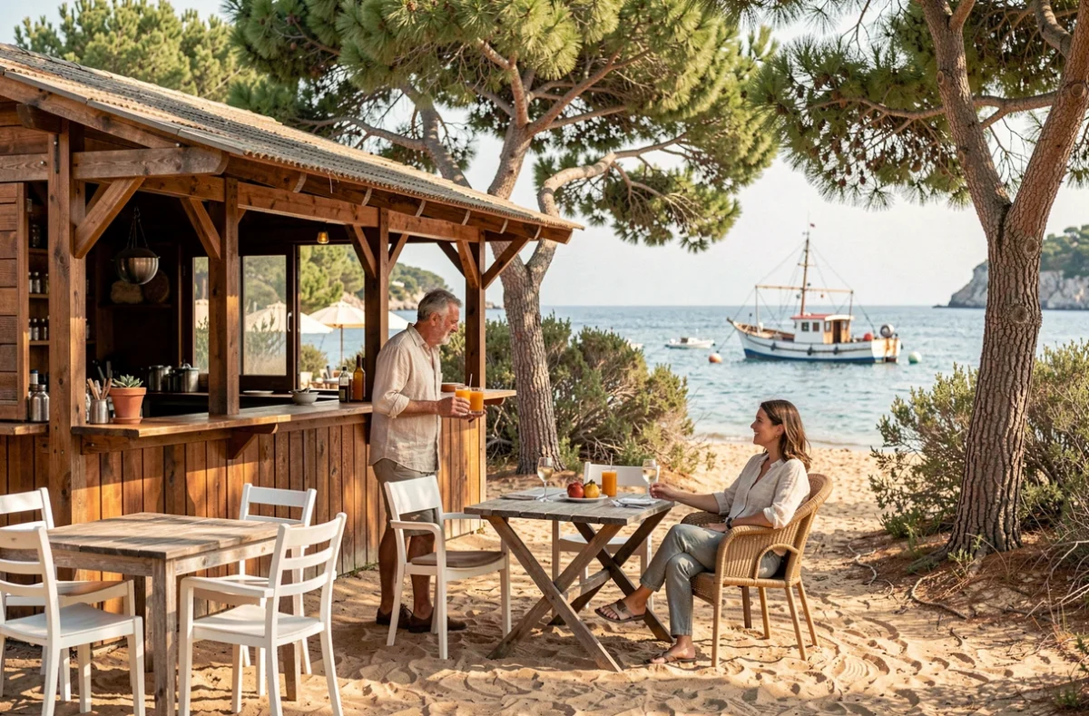 Bar de plage en bois sur une crique corse avec couple attablé face à la mer, atmosphère estivale détendue entre Portigliolo et Campomoro