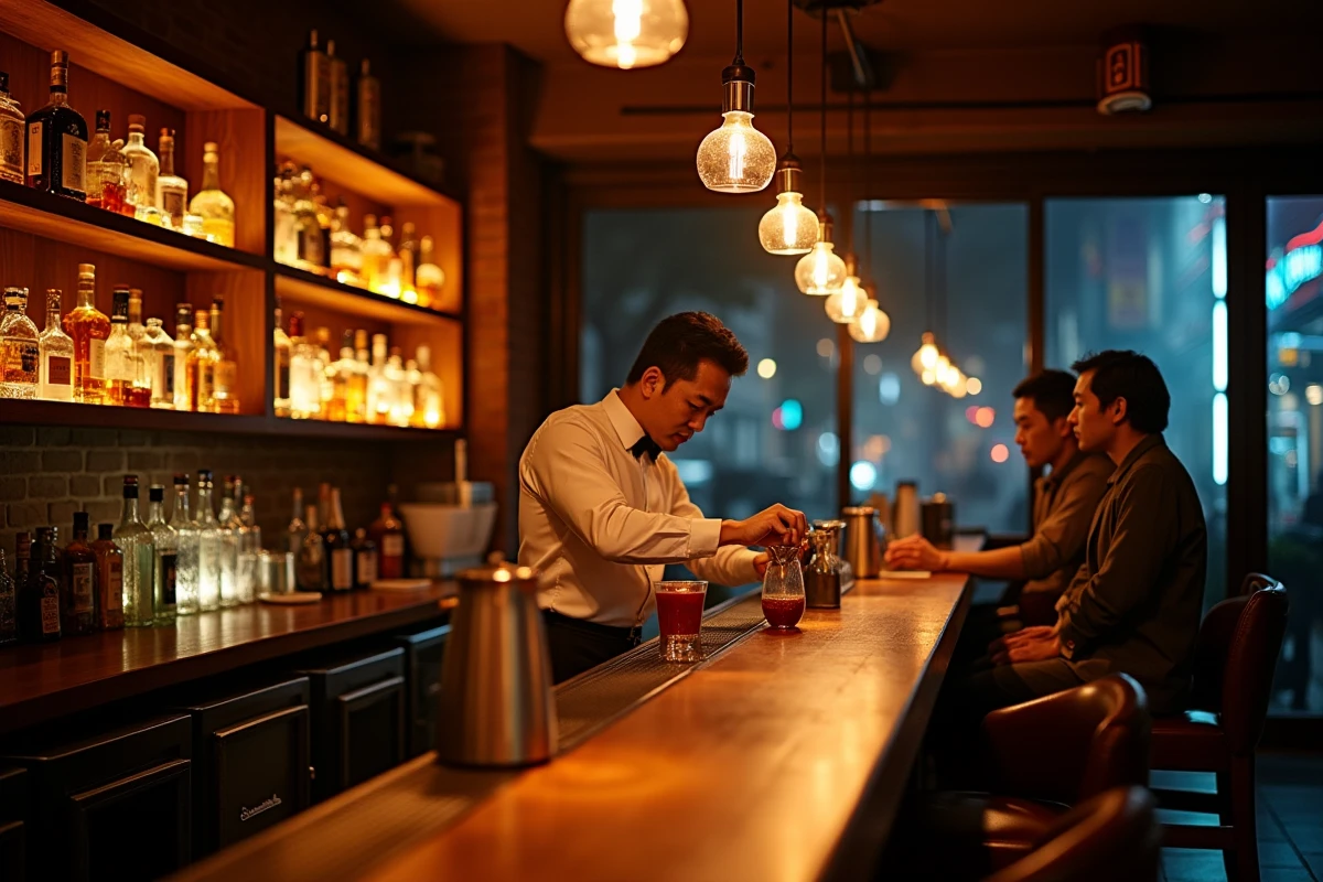 Un bar à cocktails intime de Tokyo la nuit sous la pluie, avec un barman en chemise blanche préparant soigneusement une boisson derrière un long comptoir en bois, les fenêtres reflétant les néons de la rue.
