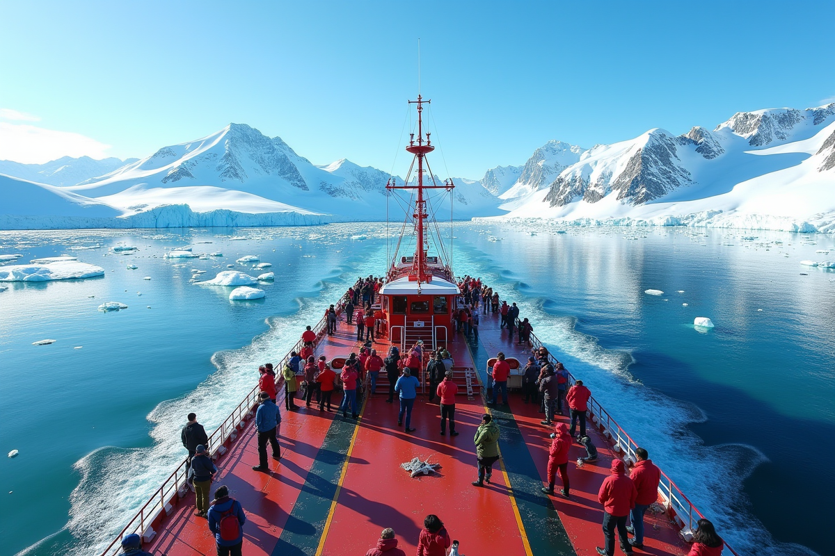 Bateau glacière naviguant en Antarctique avec passagers en veste colorée