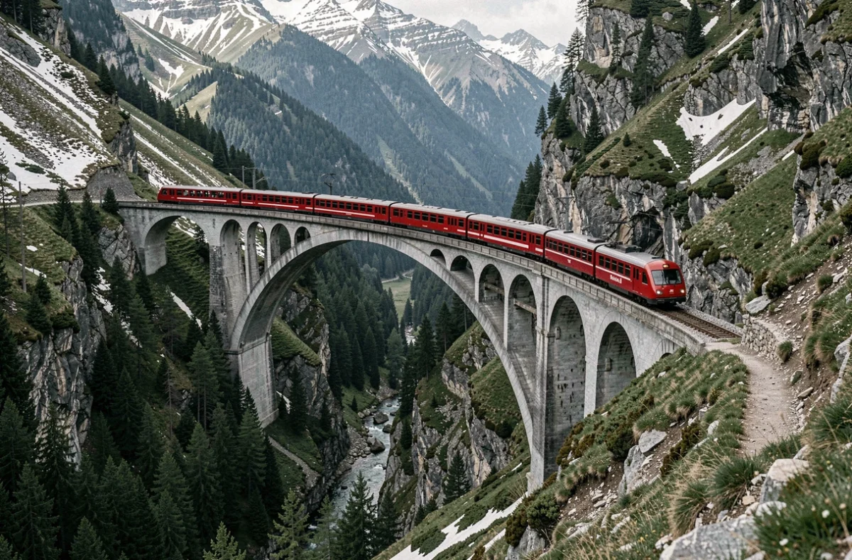 Bernina Express traversant le viaduc de Landwasser dans les Alpes suisses, vue panoramique sur le pont en pierre