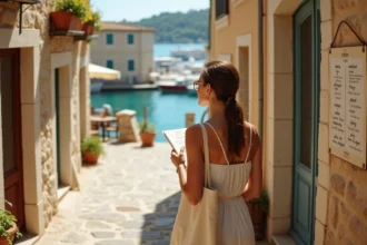 Jeune femme consultant le menu d'un bistrot local dans une rue pavée de Cassis avec vue sur le port