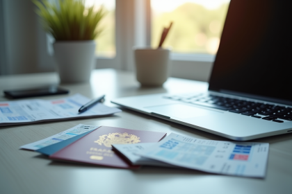 Bureau de voyage organisé avec passeport et billets