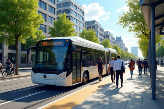 Bus électrique moderne à un arrêt urbain ensoleillé avec passagers