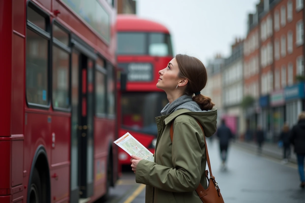 Femme devant un bus touristique rouge à deux étages dans une rue pavée de Dublin sous un ciel nuageux
