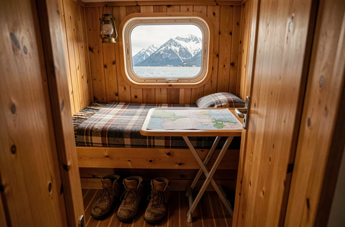 Cabine intérieure chaleureuse d'un petit bateau de croisière en Norvège avec hublot sur la montagne enneigée