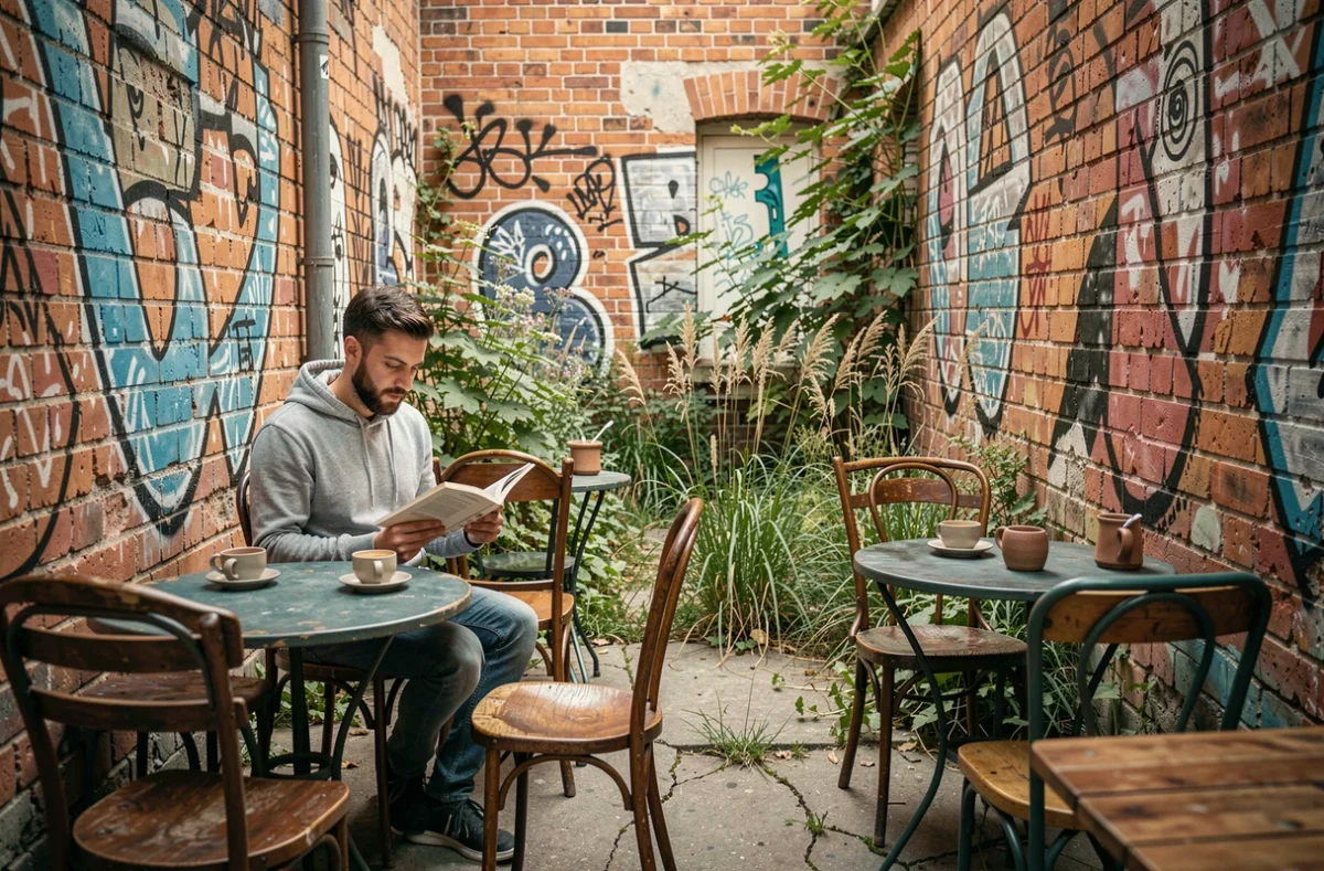Café caché dans une cour intérieure du quartier alternatif Metelkova à Ljubljana