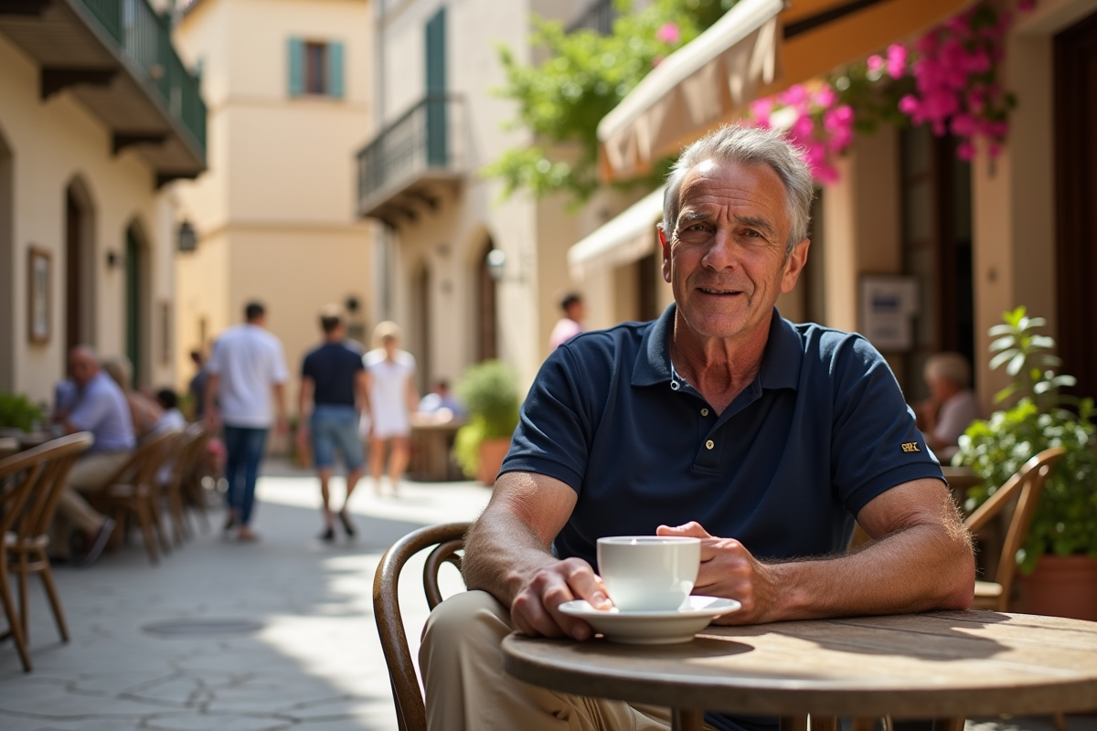 Homme dégustant un café dans un village corse authentique