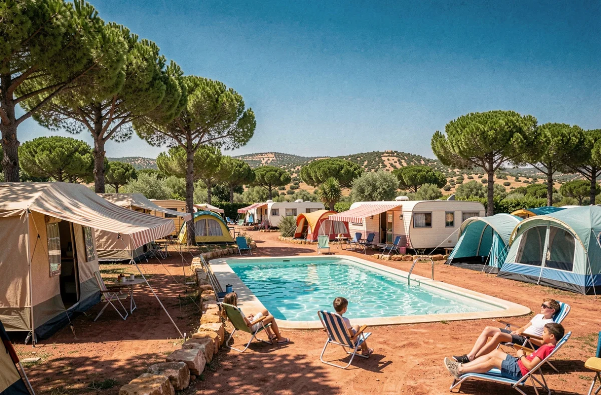 Vue panoramique d'un camping ensoleillé dans le Gard avec piscine, tentes colorées et pins méditerranéens