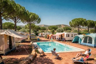 Vue panoramique d'un camping ensoleillé dans le Gard avec piscine, tentes colorées et pins méditerranéens