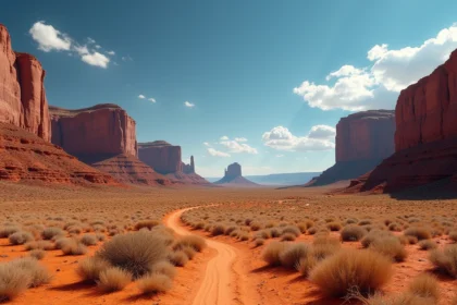 Paysage de canyon aux buttes de grès rouge dans le sud-ouest américain, décor emblématique de films Western