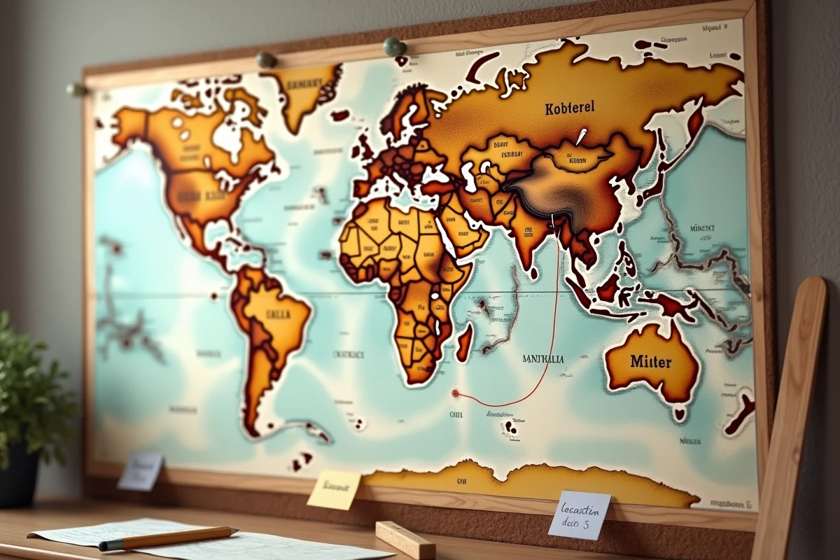 Carte du monde vintage avec tracé grande-circle reliant Paris à Sydney, avec notes de distances et épingles colorées sur tableau en liège