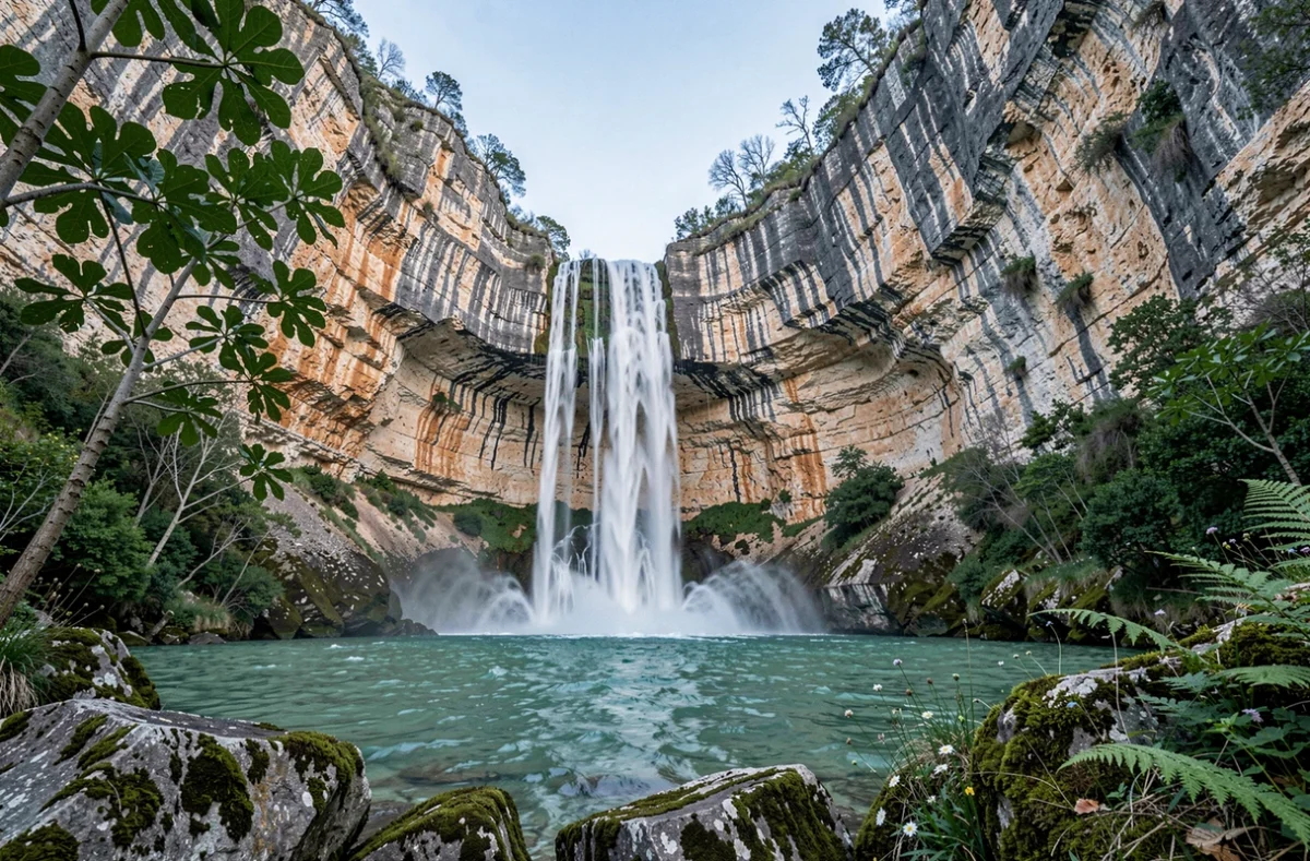 Cascade de la Vis tombant dans un bassin naturel turquoise au cœur des gorges calcaires