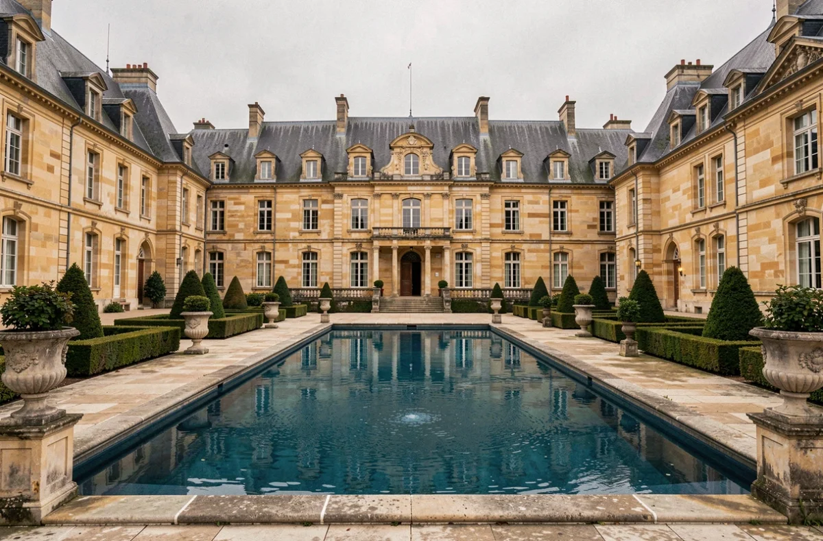 Piscine extérieure du Château de Beaulieu avec façade châtelaine en pierre et jardins à la française