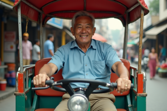 Conducteur de tuk tuk souriant dans un marché animé