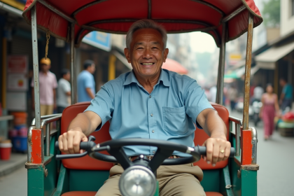 Conducteur de tuk tuk souriant dans un marché animé
