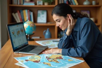 Femme consultant plusieurs sites de voyage pour comparer les distances Paris-Sydney sur un bureau avec atlas et itinéraires imprimés