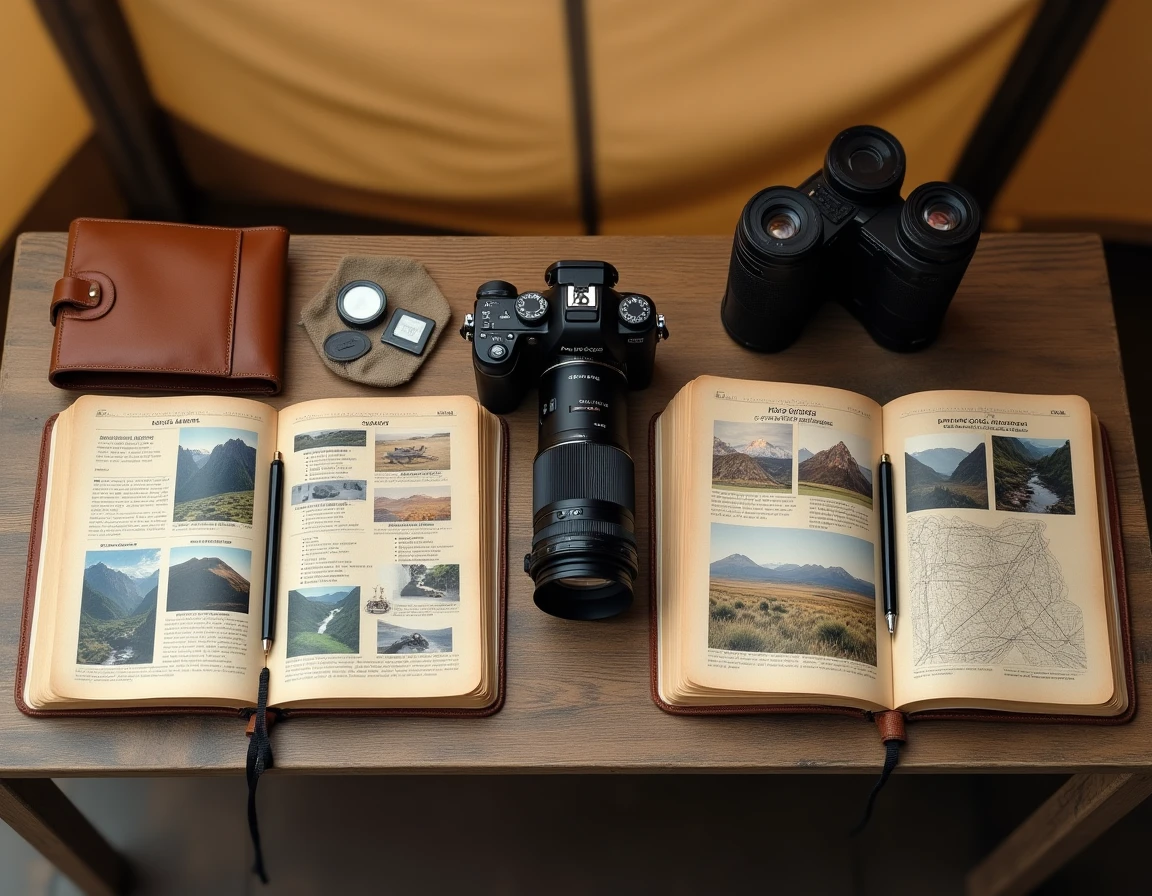 Comparaison de matériel et journaux photo entre safari classique et voyage Aguila posés sur une table de terrain en bois