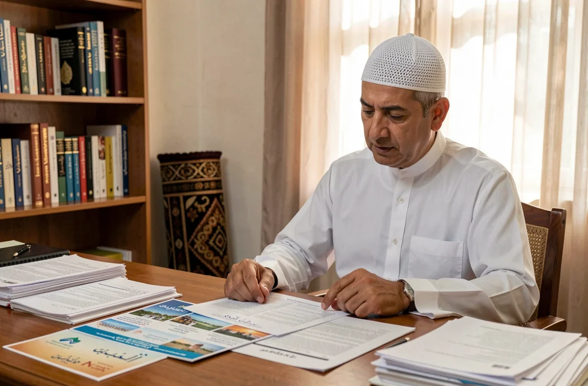 Un homme musulman d'âge mûr compare des brochures d'agences de voyage pour le Hajj 2026 dans son bureau à domicile
