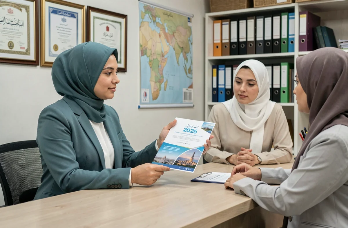 Une conseillère en agence de voyage spécialisée Hajj présente un forfait pèlerinage 2026 à ses clients