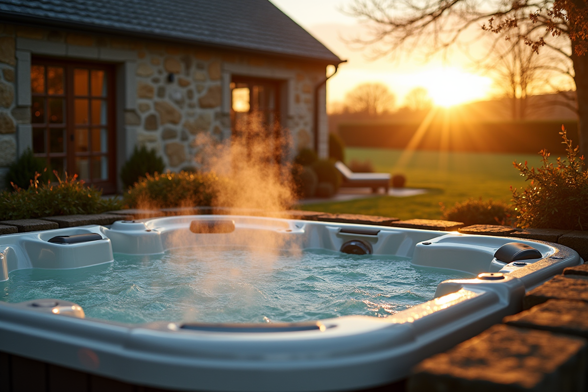 Cottage en pierre avec jacuzzi extérieur au lever du soleil en Normandie