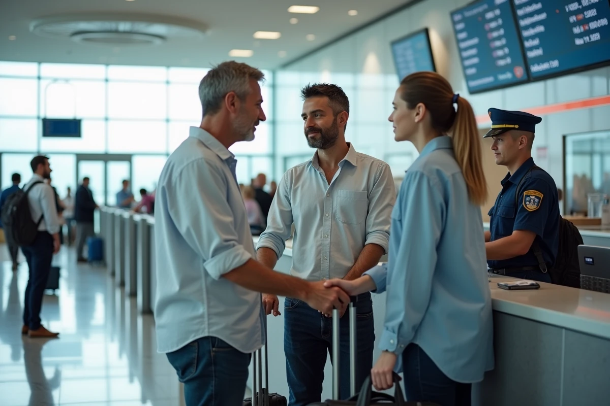 Couple en discussion avec un agent de voyage à l'aéroport pour résoudre un problème de réservation AZAMI VOYAGE