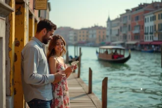 Couple attendant le vaporetto à l'arrêt Rialto sur le Grand Canal de Venise avec leurs billets à la main