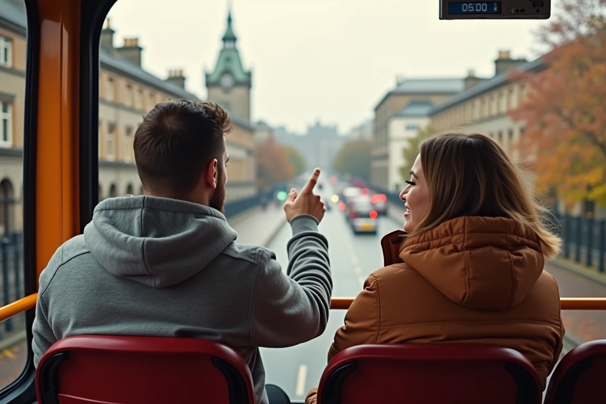 Couple assis sur le pont supérieur d'un bus touristique à Dublin avec la façade de Trinity College en arrière-plan