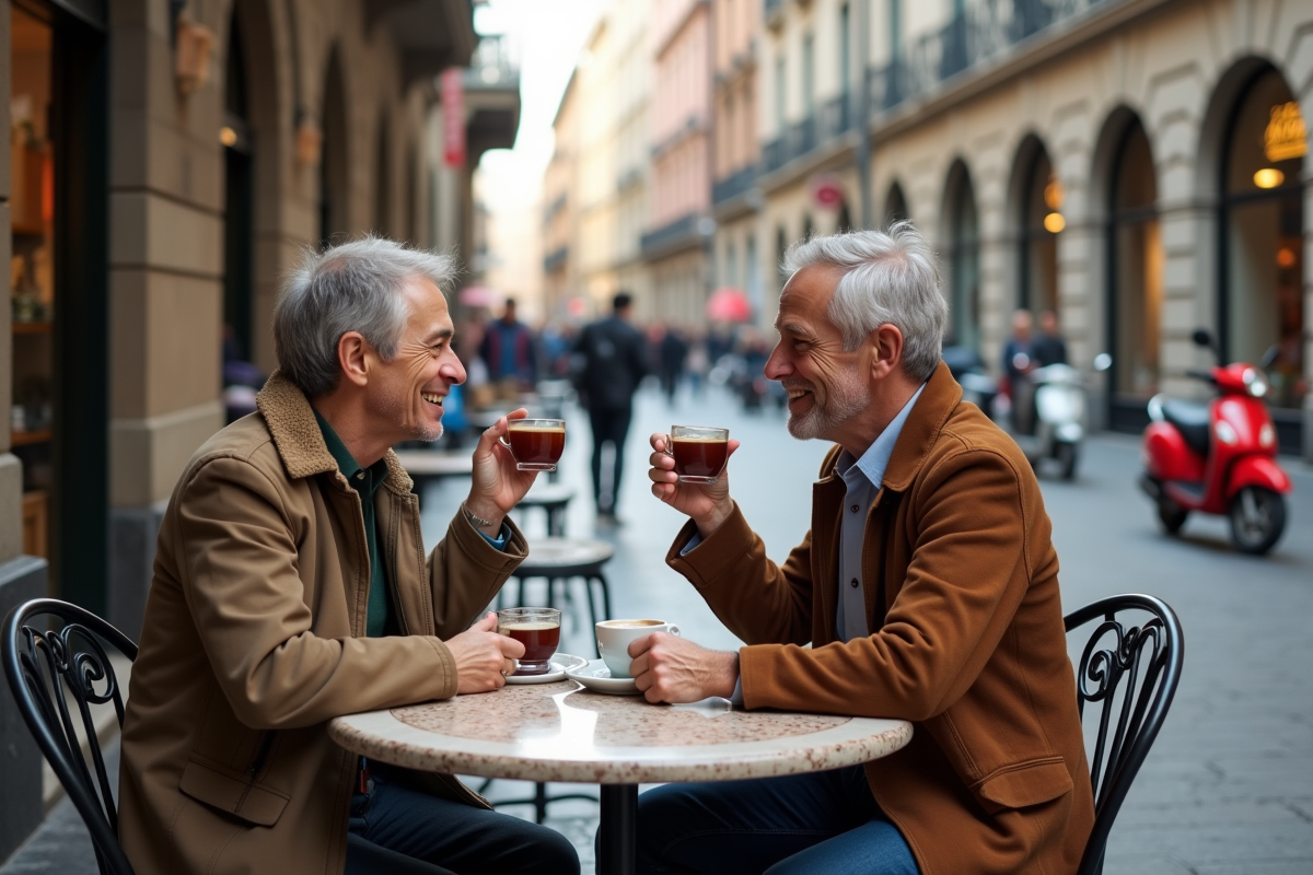 Couple au café dans une rue milanaise animée