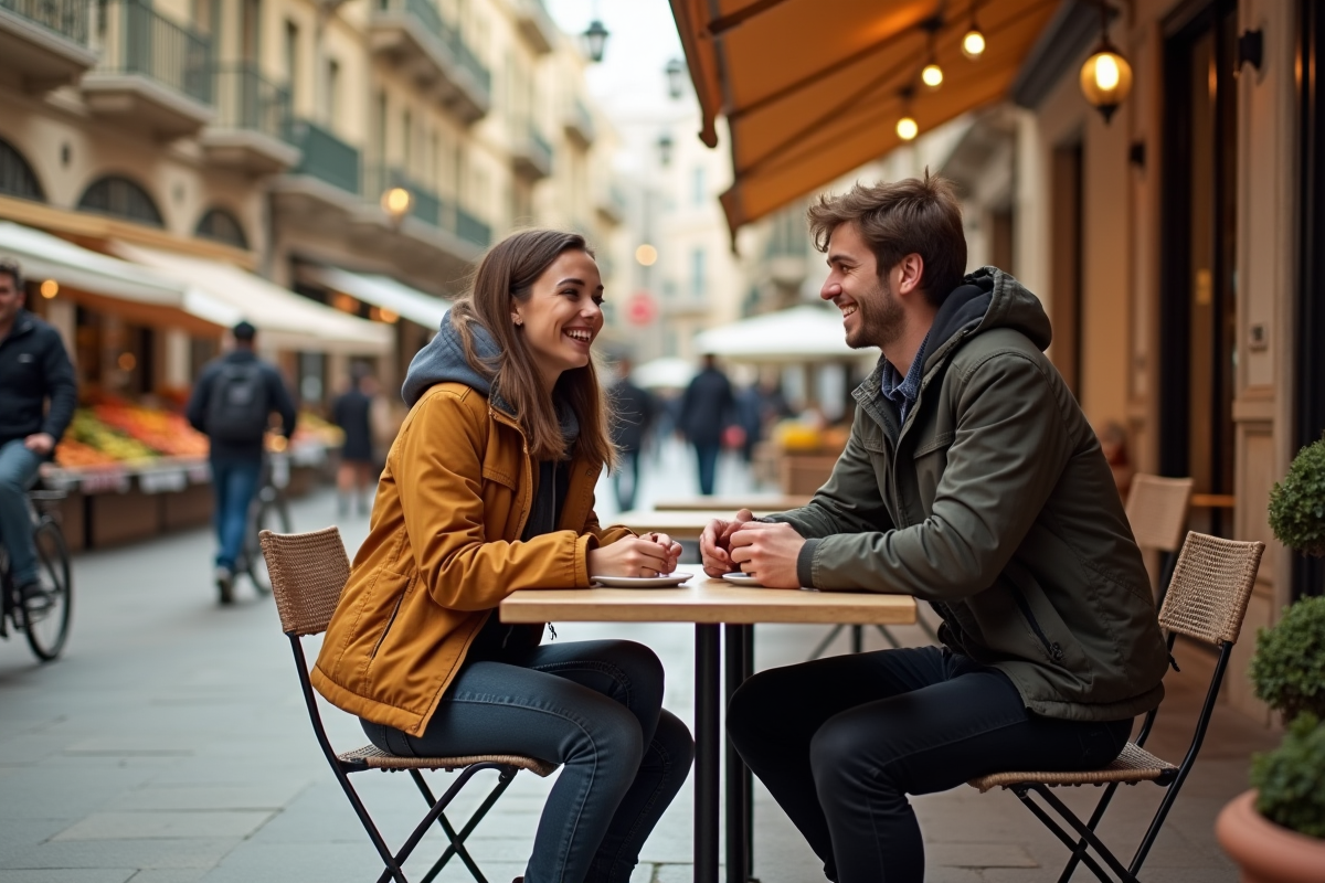 Jeune couple riant dans un café en ville animée