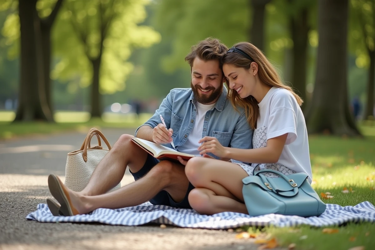 Jeune couple rédigeant des notes dans un carnet lors d'un pique-nique en plein air pendant les vacances