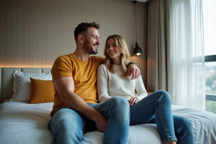 Jeune couple souriant dans une chambre de love hotel