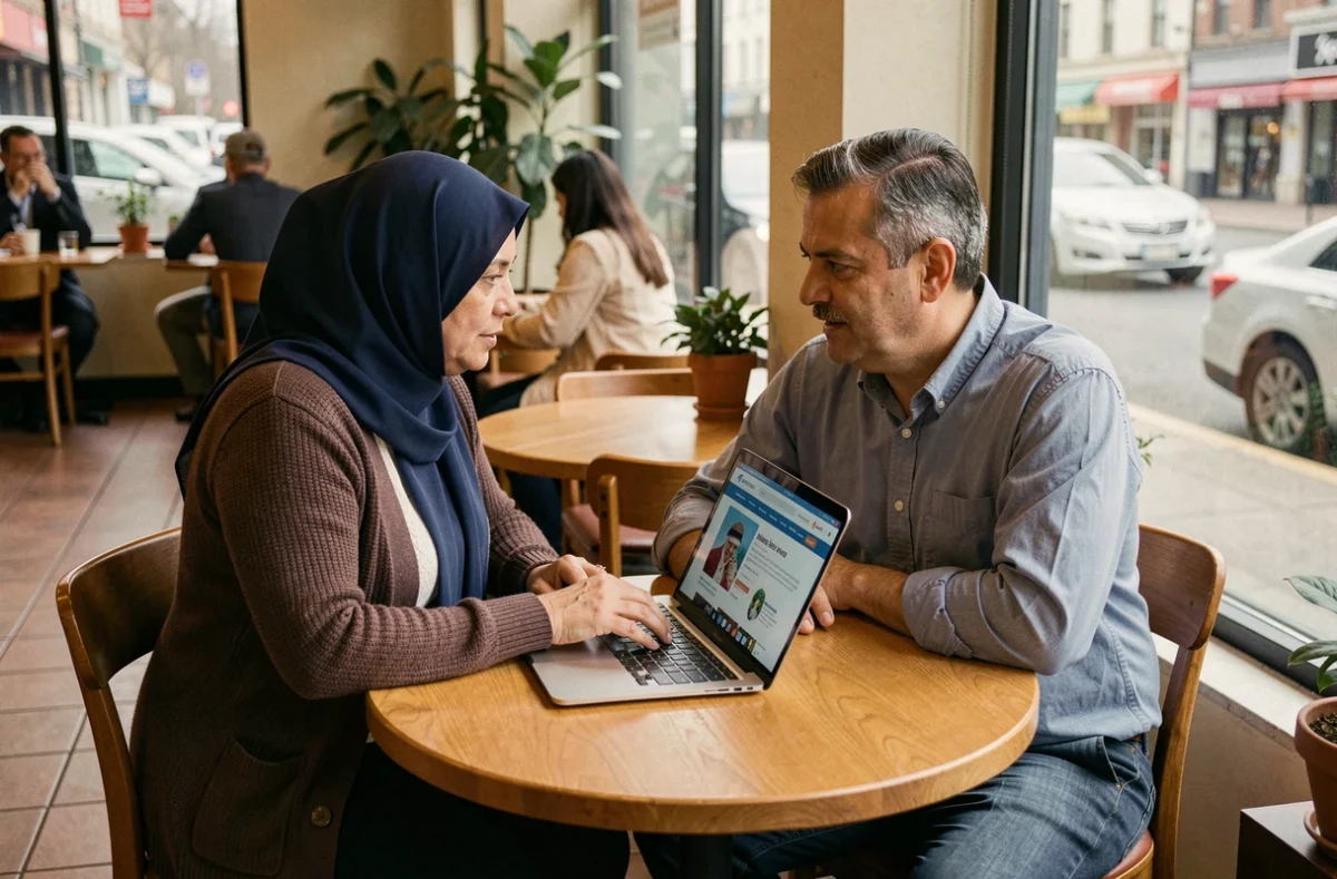 Un couple musulman consulte le site d'une agence de voyage pour planifier leur pèlerinage Hajj 2026 dans un café