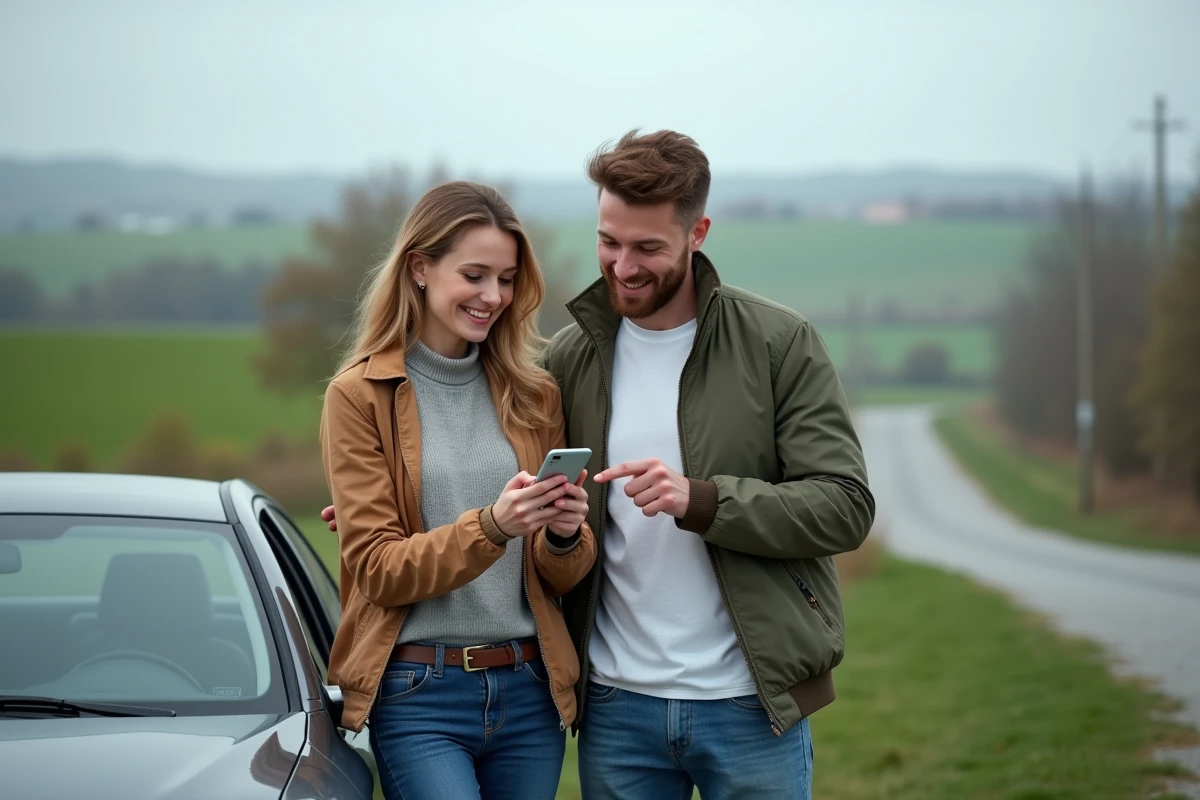 Couple comparant un itinéraire sur smartphone devant une voiture garée sur une route de campagne