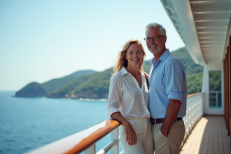 Couple souriant sur le pont d'un bateau de croisière